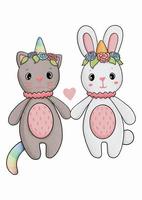 Two cute little unicorn friends cat and bunny vector illustration