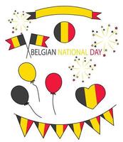 Independence Day of Belgium vector stock illustration. July 21. Elements for design. Flags, garlands, fireworks, fireworks, balloon. Isolated on a white background.