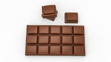 barra de chocolate con leche y trozos de chocolate aislados en fondo blanco desde la vista superior ilustración 3d foto