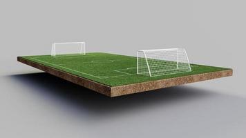 campo de fútbol y pelota de fútbol, hierba verde, realista, fondo blanco, ilustración 3d foto