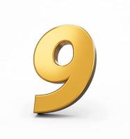 Gold number 9 nine isolated white background. shiny 3d number 9 made of gold 3d illustration photo