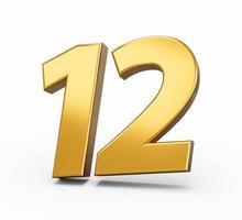 Gold number 12 twelve isolated white background. shiny 3d number 12 made of gold 3d illustration photo