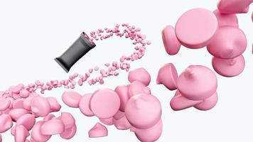 Strawberry milk chips spilling out from snack wrapper pack in 3d illustration, Pile of multiple morsels candies photo