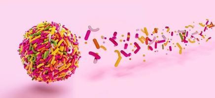 Sprinkle ball flowing with many colorful sprinkles on pink background, brazilian sweet candy, Beijinho and Brigadeiro. Common in children birthday party. Macro, close up 3d rendering 3d illustration photo