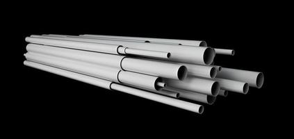 PVC pipes stacked in warehouse. A series of white tubes on black surface 3D illustration photo