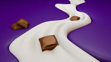 3d Creamy River on purple background with chocolates. 3d illustration photo