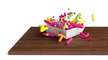 Rainbow Sprinkles Falling on white porcelain bowl and wooden board 3d illustration photo