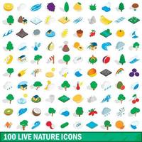 100 live nature icons set, isometric 3d style vector