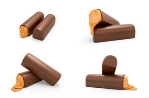 barra de chocolate con caramelo dulce derretido, barra de chocolate rota con relleno de caramelo ilustración 3d foto