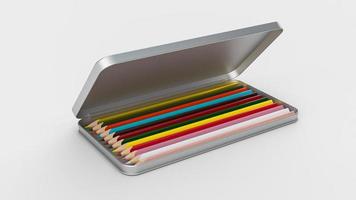 Row of Pencil in rainbow colors in open aluminum box isolated colorful crayons for drawing concept back to school 3d illustration photo