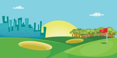 Golf course horizontal banner, cartoon style vector