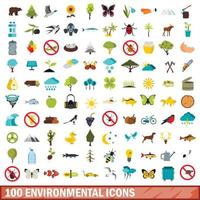 100 environmental icons set, flat style vector