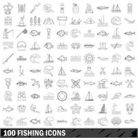 100 fishing icons set, outline style vector