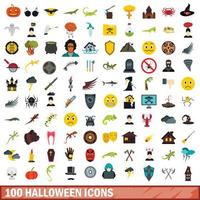 100 halloween icons set, flat style vector