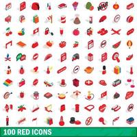 100 red icons set, isometric 3d style vector