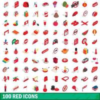 100 red icons set, isometric 3d style vector