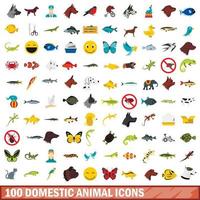 100 domestic animal icons set, flat style vector