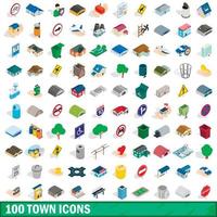 100 town icons set, isometric 3d style vector