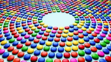 Colorful Frame of multicolored candy dragees. Round Bonbons scattered on white background Top View. Holiday Web banner in shape of circle. Beautiful Festive Background 3d illustration