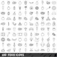 100 food icons set, outline style vector