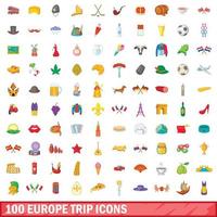 100 europe trip icons set, cartoon style vector