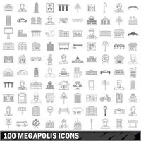 Conjunto de iconos de 100 megalópolis, estilo de contorno vector