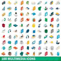100 multimedia icons set, isometric 3d style