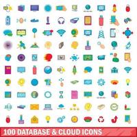 100 base de datos y conjunto de iconos de nube, estilo de dibujos animados vector