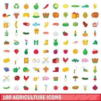 100 agricultura, conjunto de iconos de estilo de dibujos animados vector