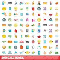 100 conjunto de iconos de venta, estilo de dibujos animados vector