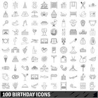 100 birthday icons set, outline style vector