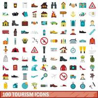 100 tourism icons set, flat style vector