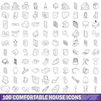 100 cómodos iconos de casa establecidos, estilo de esquema vector