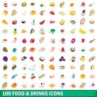 100 food and drinks icons set, isometric 3d style vector