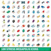 100 stress megapolis icons set, isometric 3d style vector