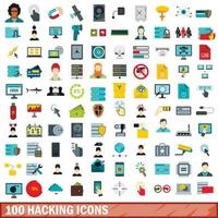 100 hacking icons set, flat style vector