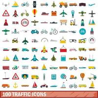 100 traffic icons set, flat style vector