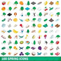 100 iconos de primavera, estilo isométrico 3d vector