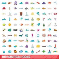 100 iconos náuticos, estilo de dibujos animados vector