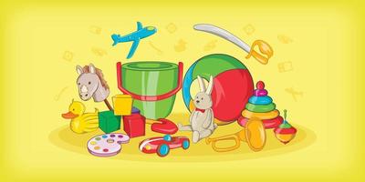 Kids toys horizontal banner, cartoon style vector