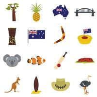 iconos de viaje de australia establecidos en estilo plano vector