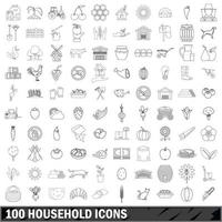 100 household icons set, outline style vector