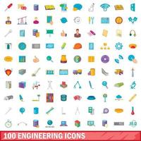 100 engineering icons set, cartoon style vector