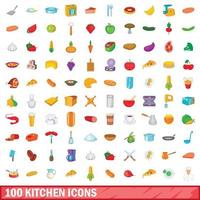 100 kitchen icons set, cartoon style vector