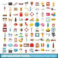 100 vacation icons set, cartoon style
