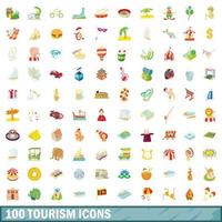 100 turismo, conjunto de iconos de estilo de dibujos animados vector