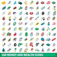 100 money wealth icons set, isometric 3d style vector