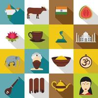 conjunto de iconos de viaje de india, estilo plano vector