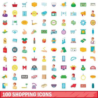 100 shopping icons set, cartoon style