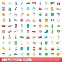 100 mañana, conjunto de iconos de estilo de dibujos animados vector